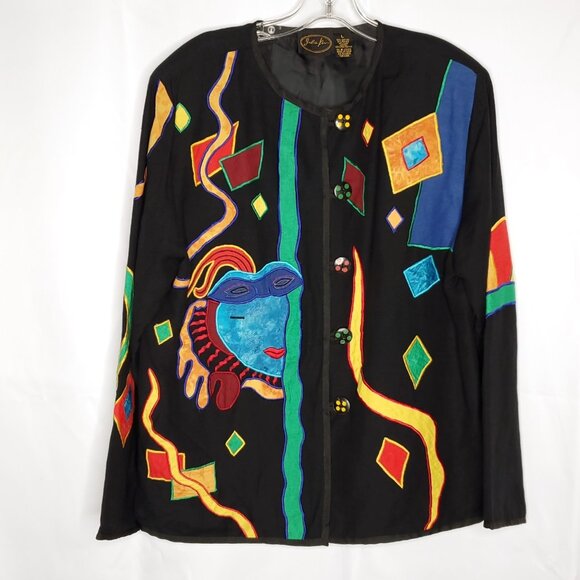 Julia Kim Colorful Artsy Jacket L Mardi Gras Face Geometric Shapes Embroidered - Picture 1 of 5